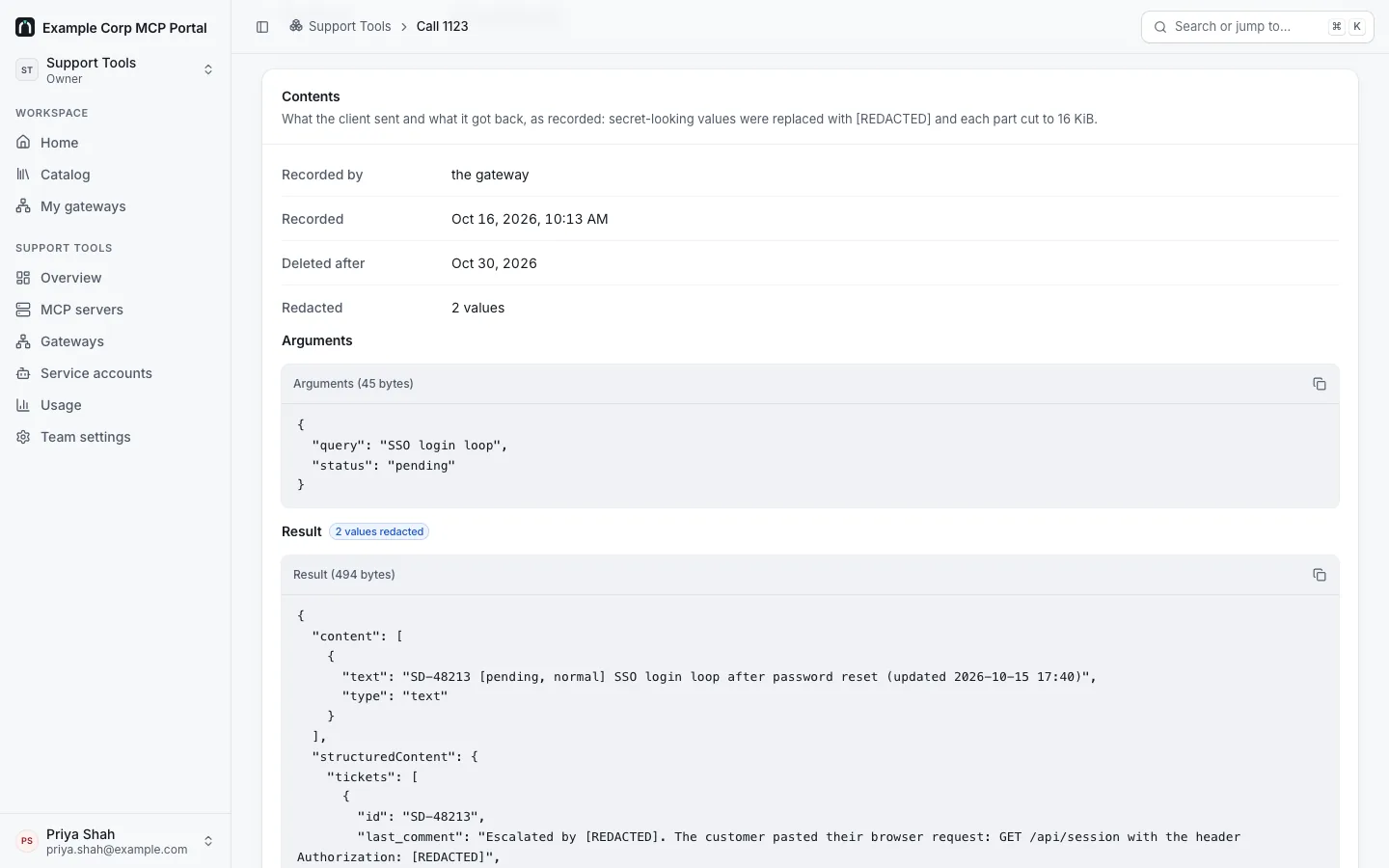 A call's recorded contents: recorded by the gateway, when it's deleted, two values redacted, the arguments of a ticket search, and the result, where an employee number and a pasted bearer token show as [REDACTED].