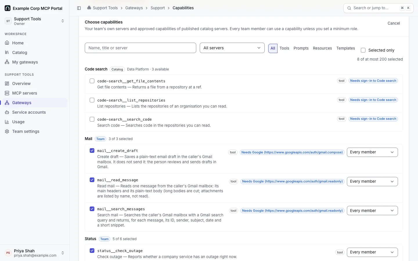 A team gateway's Choose capabilities picker: search, server and kind filters, the catalog server Code search (each tool needs a sign-in to it) and the team's own servers Mail (needs Google) and Status, with the selected capabilities and who may use each.