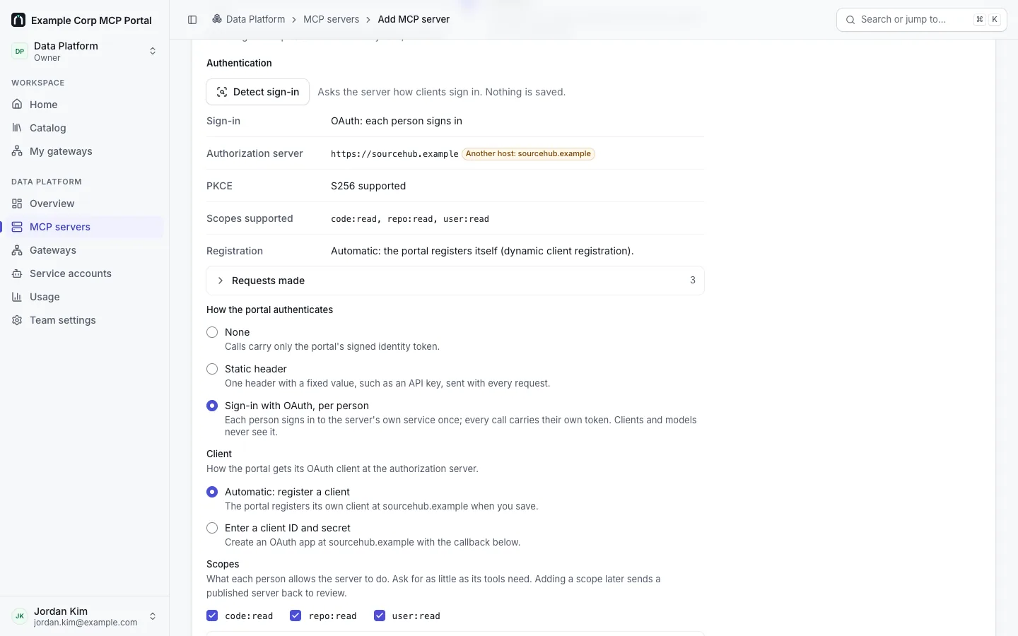 Add MCP server after Detect sign-in against SourceHub's hosted MCP server: "OAuth: each person signs in", the authorization server on another host, S256 supported, the scopes supported and automatic registration, with "Sign-in with OAuth, per person" selected and the scopes to ask for.